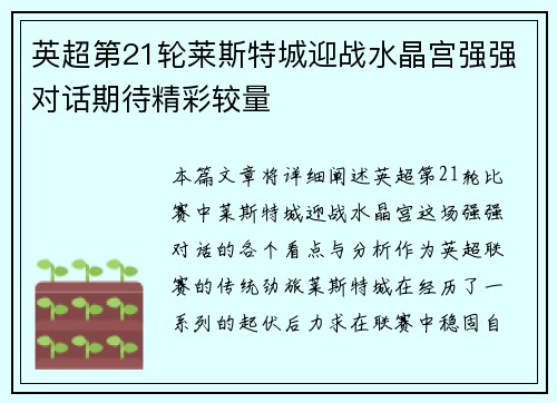 英超第21轮莱斯特城迎战水晶宫强强对话期待精彩较量