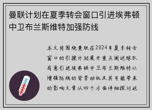 曼联计划在夏季转会窗口引进埃弗顿中卫布兰斯维特加强防线 曼联计划在夏季转会窗口引进埃弗顿中卫布兰斯维特加强防线