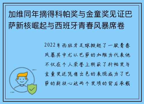 加维同年摘得科帕奖与金童奖见证巴萨新核崛起与西班牙青春风暴席卷 加维同年摘得科帕奖与金童奖见证巴萨新核崛起与西班牙青春风暴席卷