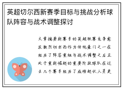 英超切尔西新赛季目标与挑战分析球队阵容与战术调整探讨